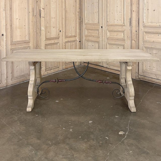 Mid 20th Century Vintage Spanish Dining Table With Wrought Iron in Solid Stripped Oak For Sale - Image 5 of 18
