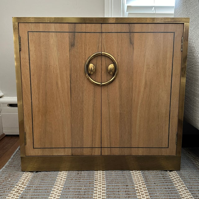 Pair of Vintage Mastercraft Zebrano and Brass Nightstands Fabulous brass framed nightstands with drawer and shelving...