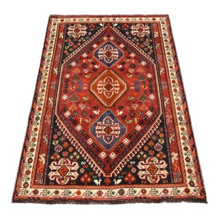 Qashqai Rug 3'8'' X 5'2'' Red Wool Vintage Tribal Hand-Knotted Oriental Carpet For Sale