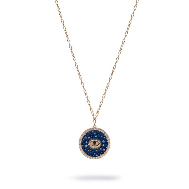Cosmic Evil Eye Star Medallion Gold Necklace For Sale In Miami - Image 6 of 12