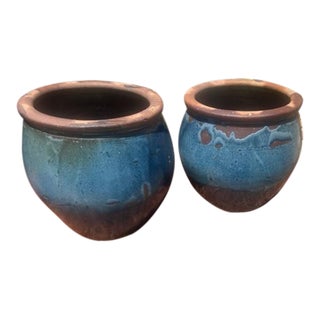 Vintage Navy Blue Terracotta Glazed Ceramic Planters - Set of 2 For Sale