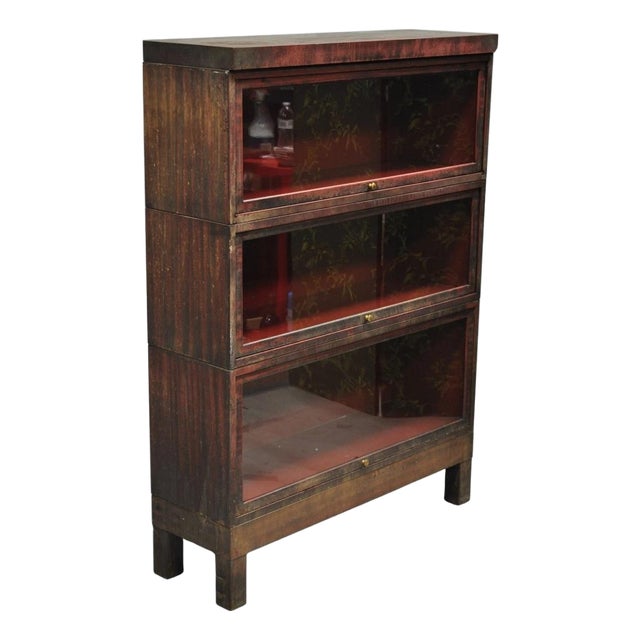 Vintage Industrial Steel Metal Faux Woodgrain Painted Stack Barrister Bookcase For Sale