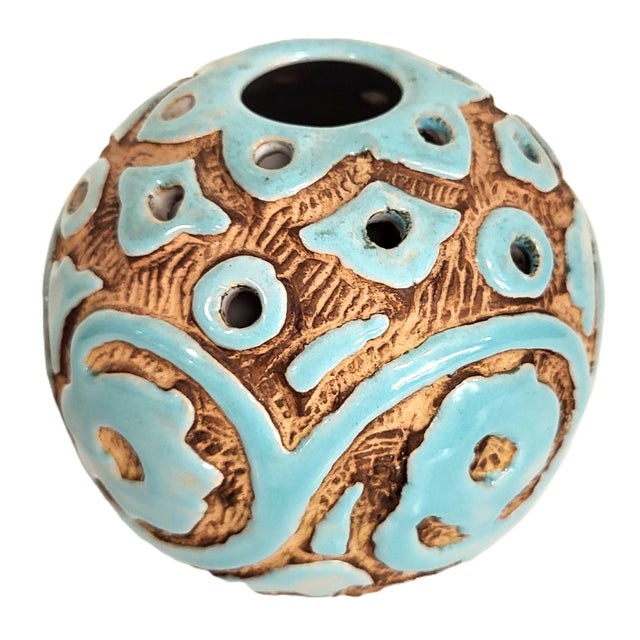 1950s Mid-Century Modern Italian Sgraffito Turquoise Ceramic Tulipiere Vase by Saca For Sale - Image 5 of 10