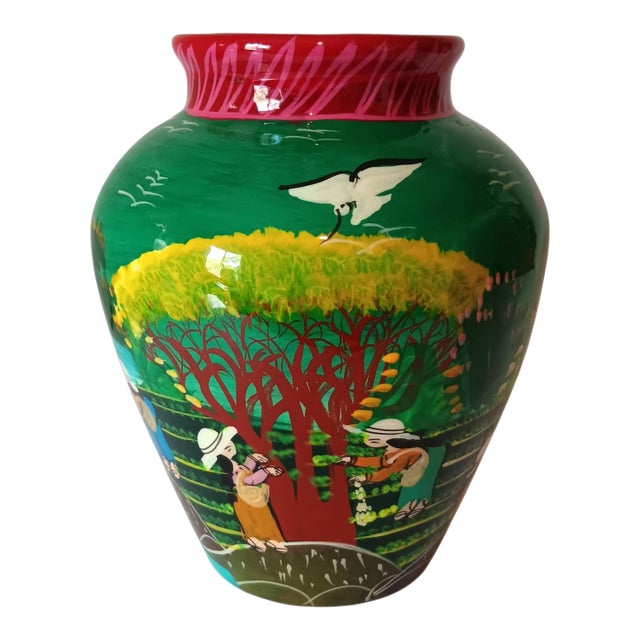 Vintage Mexican Folk Art Vase Handpainted Terracotta Colorful Green Blue Red Glossy 8" X 7" For Sale
