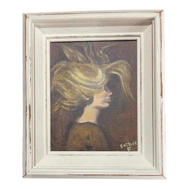 Vintage Signed Portrait Painting of a Woman in Profile With Windswept Hair For Sale