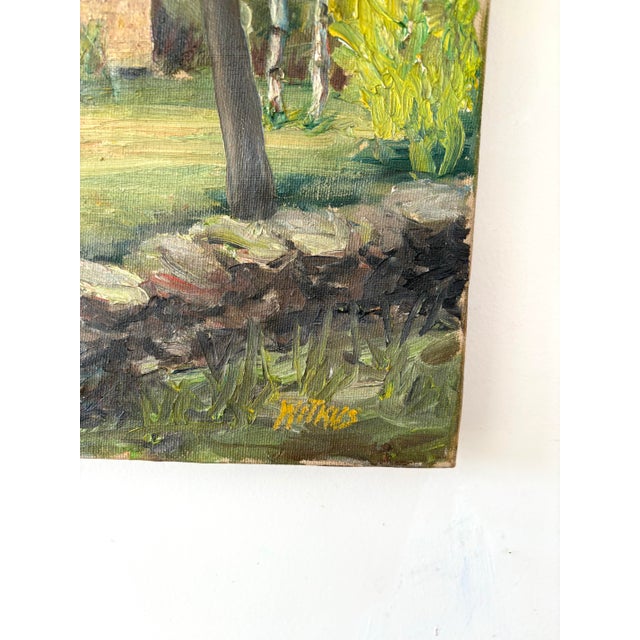 Charming oil painting of cottage, flora, fauna, stone wall and path.