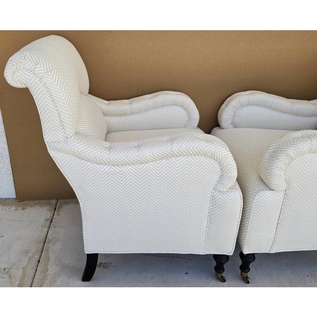 Baker Furniture English Country Scroll Arm Lounge Chairs in White Herringbone Casters Pair For Sale - Image 13 of 17