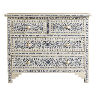 Arabesque Blue Dyed Bone Inlay Four Drawer Chest – White by House of Jaipur For Sale
