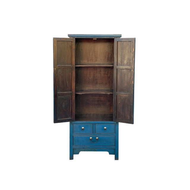 2010s Oriental Dark Teal Blue Narrow Wood Detail Door Drawers Storage Cabinet For Sale - Image 5 of 7