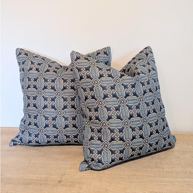 Blue Clarence House Vietri Blue on Linen Pillows- Double Sided Pair For Sale - Image 8 of 9