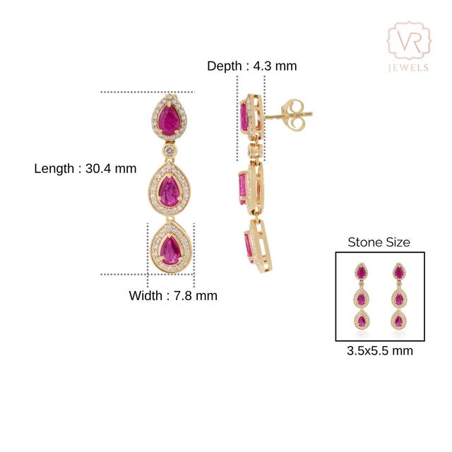 2.05ct Pear Cut Mozambique Ruby Diamond Triple Drop Earrings in 14k Gold- 2 Pieces For Sale - Image 10 of 13