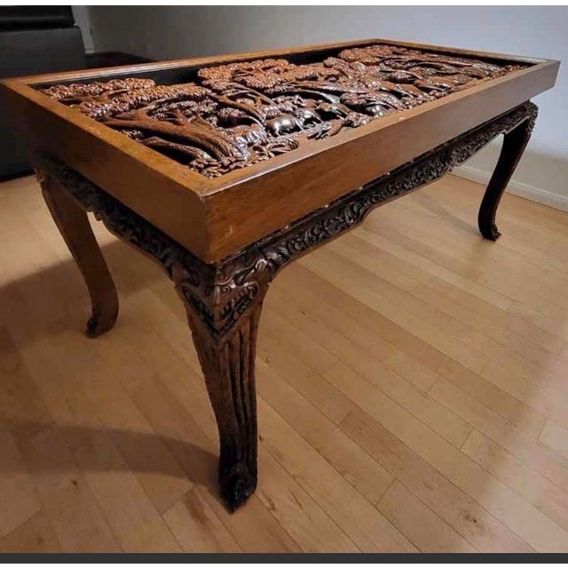 Tribal 1980s Unique Teak and Acacia Carved Dining Set With 8 Different Carved Chairs For Sale - Image 3 of 7