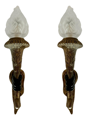 Large French Gilt Torchiere Hand Wall Lights, Set of 2