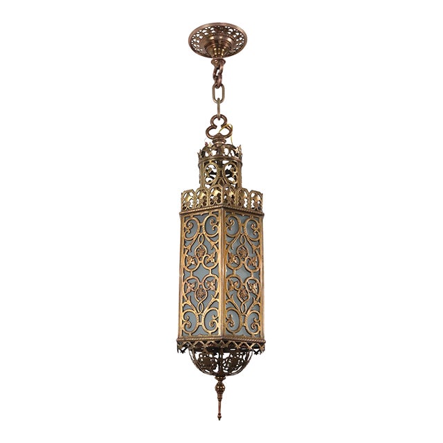 Mid 20th Century Oscar Bach Style Cast Bronze Frosted Glass Pendant Light For Sale