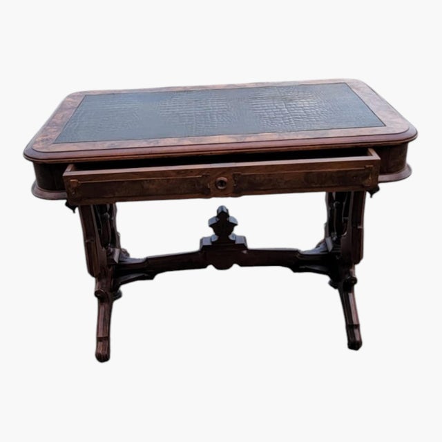 Antique 19th C American Victorian Walnut Parlor Table New Leather Top For Sale - Image 4 of 14
