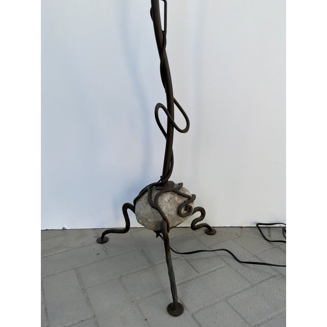 John Richard Sculptural Iron & Stone Floor Lamp. Organic iron shape with a stone ball at the bottom. Organic style shade...