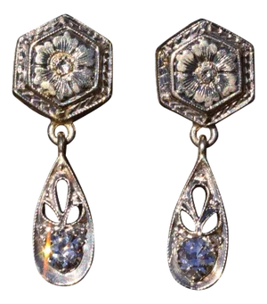 The Bowling Green: Antique White Gold Diamond Dangler Earrings, 2 Pieces