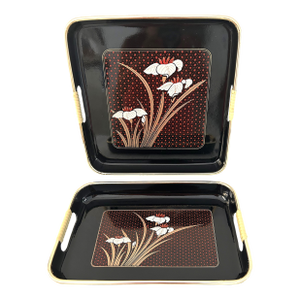 Vintage Toyo Japan Black Lacquerware White Lilly Nesting Trays, a Pair