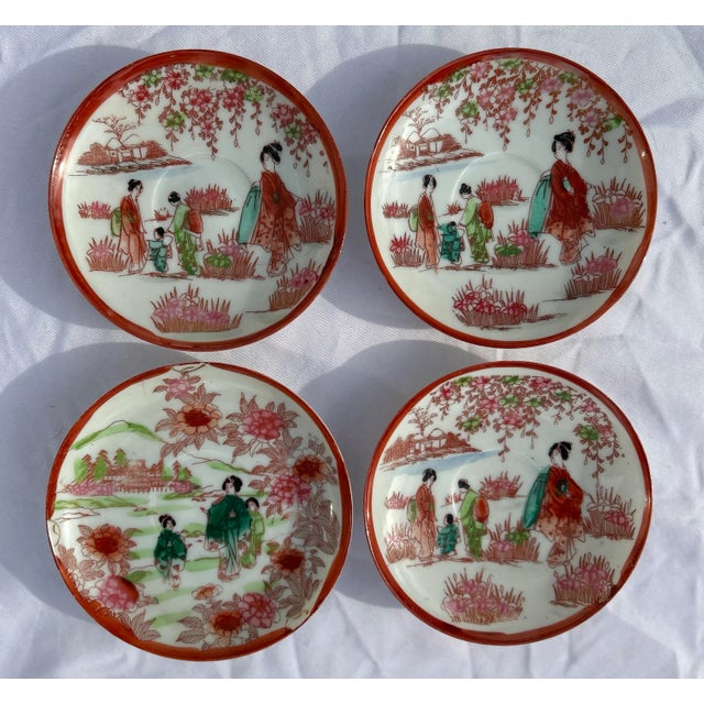 1920’s Antique Japanese Chinoiserie Hand Painted Traditional Geisha Girl & Pagoda Plates & Small Bowls - A 21 Piece Set For Sale In Naples, FL - Image 6 of 10
