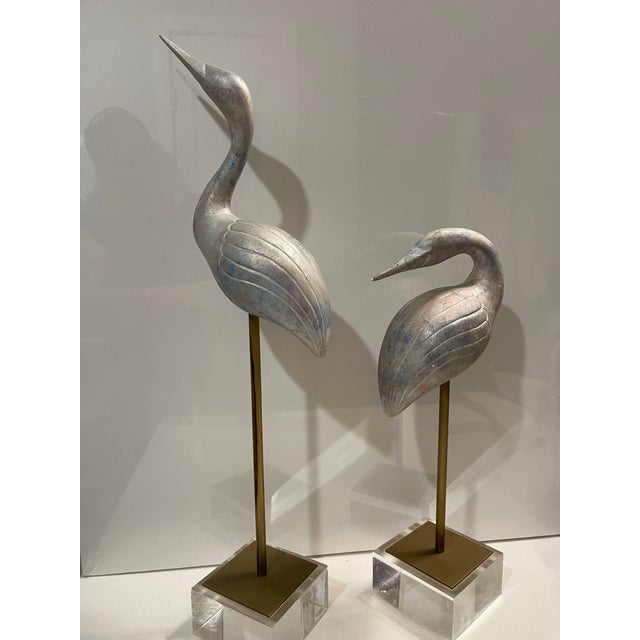 Hollywood Regency 1970s Hollywood Regency Silver Leaf Crane Sculptures on Thick Lucite Bases - A Pair For Sale - Image 3 of 12
