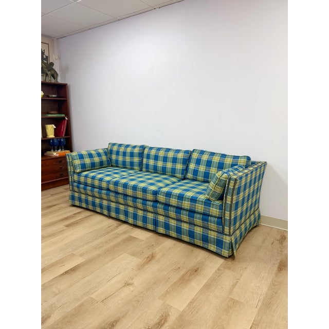Vintage MCM Retro Plaid Sofa in Electric Blue and Green With Nailhead Trim For Sale - Image 4 of 13