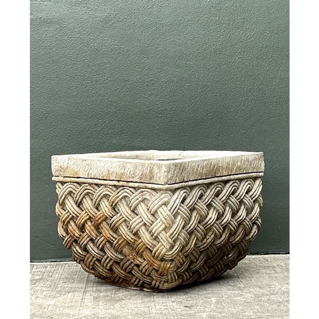 Mid 20th Century Vintage Basketweave Stone Planter For Sale - Image 5 of 15