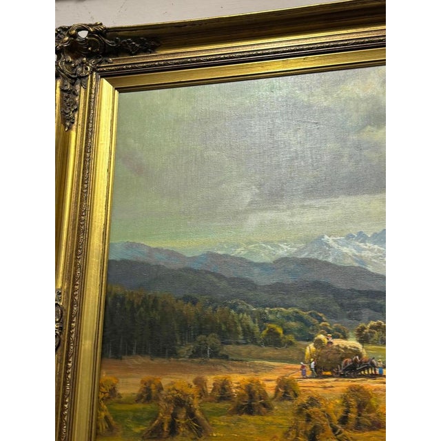 1950s Wolfgang Heinz, Alpine Idyll with Farmers Harvesting, 1950s, Oil on Canvas, Framed For Sale - Image 5 of 10