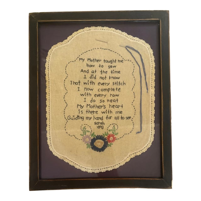 Vintage Folk Art Embroidered Sampler For Sale
