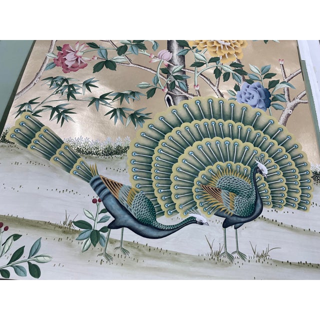 Chinoiserie Champagne Gold Leaf Chinoiserie Hand-Painted Peacock & Floral Wall Panels (Set of 3) For Sale - Image 3 of 6