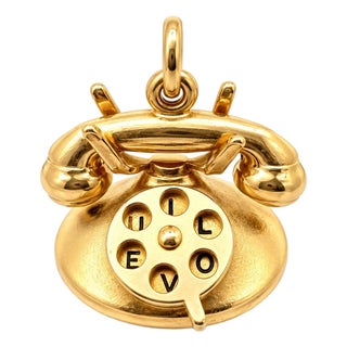Vintage 14k Yellow Gold Rotary Telephone Charm "I Love You" Enamel Dial For Sale