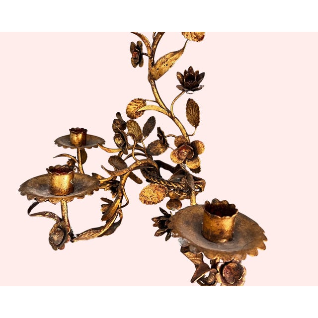 Art Nouveau Vintage Hollywood Regency Style Floral Wall Mounted Brass Candle Holder Wall Sconce For Sale - Image 3 of 4