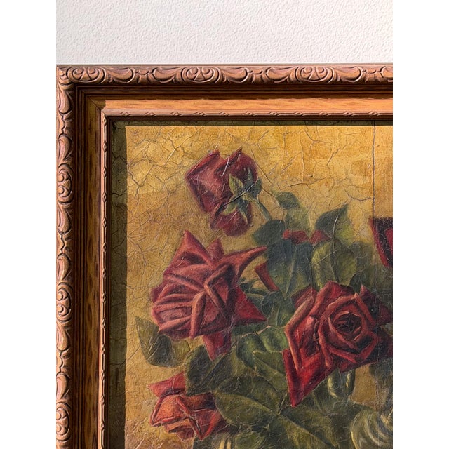 Antique Red Roses Still Life Oil Painting on Canvas · Unsigned Framed Original Floral For Sale - Image 4 of 5