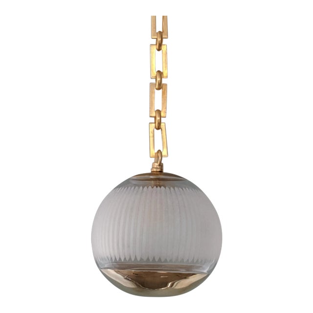 Modern Globe Pendant in Brass and Carved Glass For Sale