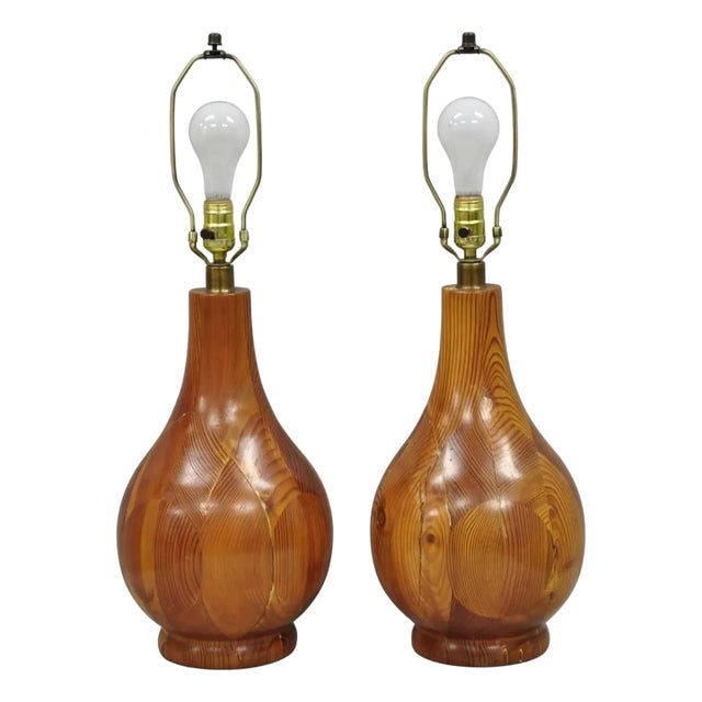 Vintage Mid Century Modern Bulbous Sculpted Swedish Pine Wood Table Lamps, Pair For Sale