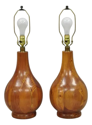 Vintage Mid Century Modern Bulbous Sculpted Swedish Pine Wood Table Lamps, Pair