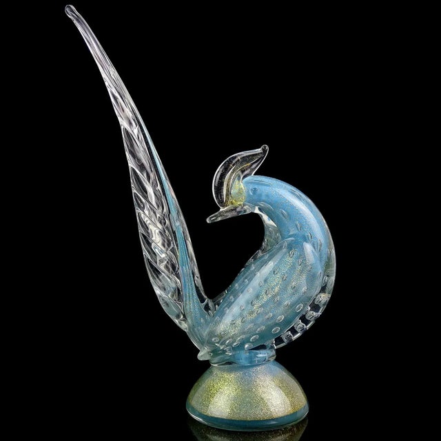 Beautiful vintage Murano hand blown sky blue and gold flecks Italian art glass pheasant bird sculpture. Documented to...