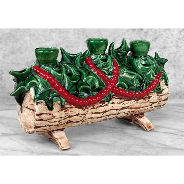 1960s Vintage 1960's Christmas Yule Log Ceramic Centerpiece Candlestick Holder For Sale - Image 5 of 11