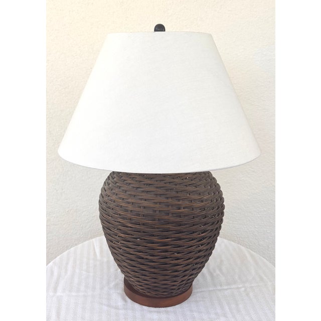 American Lauren by Ralph Lauren Rattan and Wood Table Lamp, With Shade For Sale - Image 3 of 12