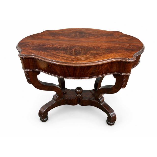 Victorian Restored Burled Wood Oval Center Table With Bookmatched Top & Scrolled Pedestal Base For Sale - Image 3 of 8