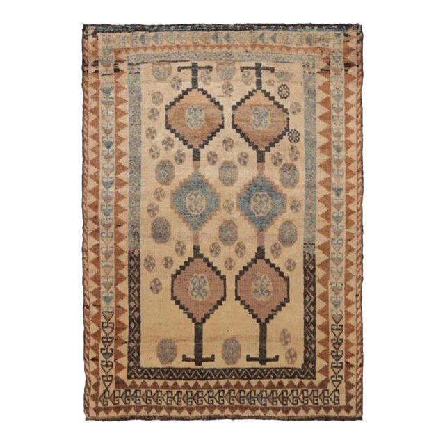 Vintage Persian Gabbeh Rug, Tribal Geometric Patterns in Beige and Blue For Sale