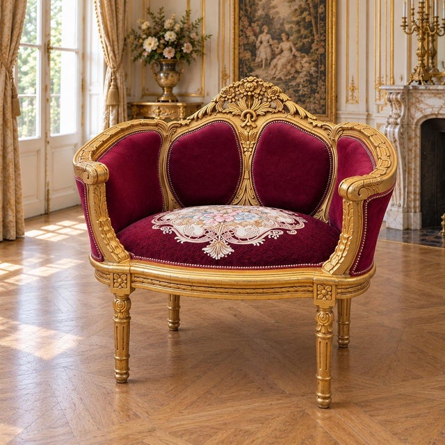1960 Artisan Louis XVI Burgundy Beech Sofa Set-3 Pc For Sale - Image 6 of 16