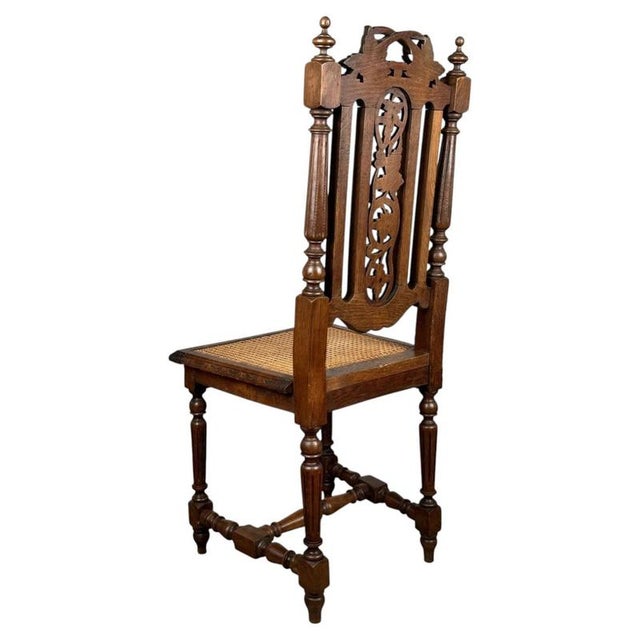 Brown 19th Century Antique Oak Carved Hallway Chair with Cane Seat For Sale - Image 8 of 11