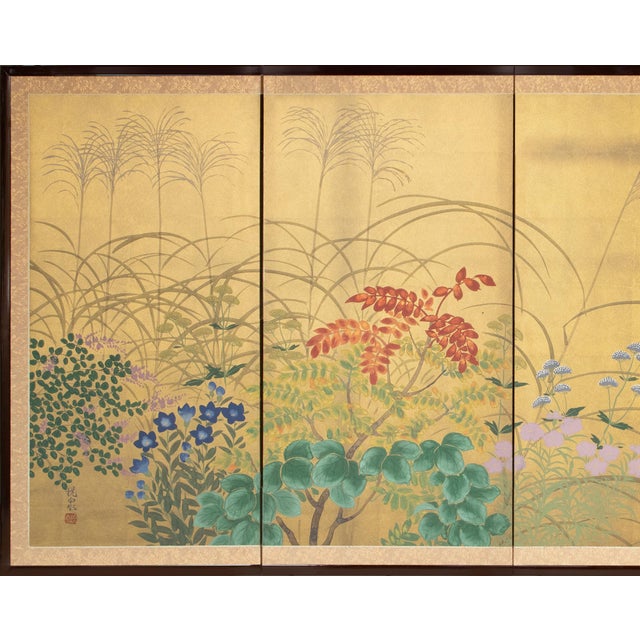 Japanese "Seven Autumn Flowers" by Essen, Late Showa Era Japanese Byobu Screen For Sale - Image 3 of 18