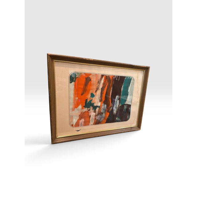 Abstract Vintage Abstract Expressionist Painting in Orange, Teal & Brown, Framed For Sale - Image 3 of 6