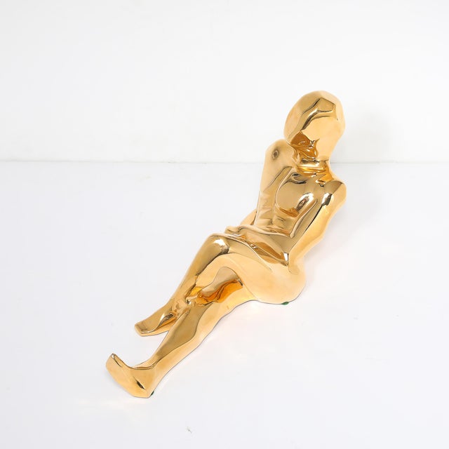 Metal Mid-Century Gold-Plated Ceramic Sculpture of a Reclining Man Signed Jaru For Sale - Image 7 of 14