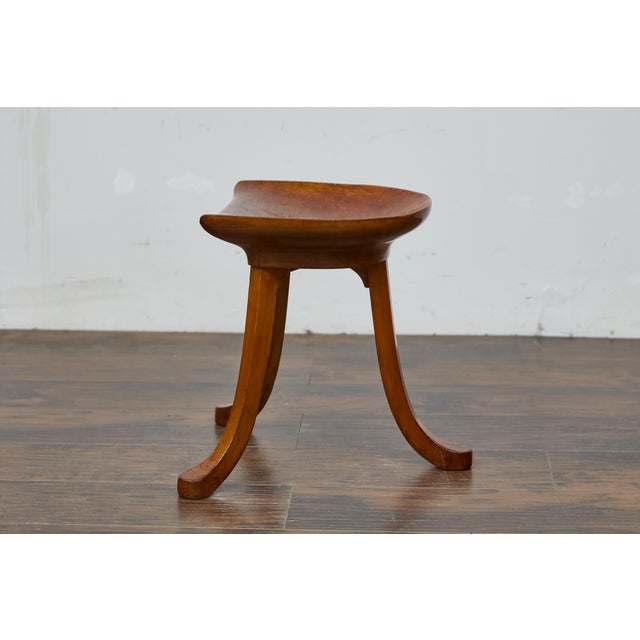 Liberty & Co. English Walnut Thebes Stool With Tripod Base, Turn of the Century, Attributed to Liberty & Co. For Sale - Image 4 of 10