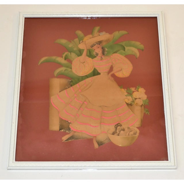 American Bernard Watercolor Columbian Woman Carries Fruit Basket Folk Art Ornated Frame For Sale - Image 3 of 13