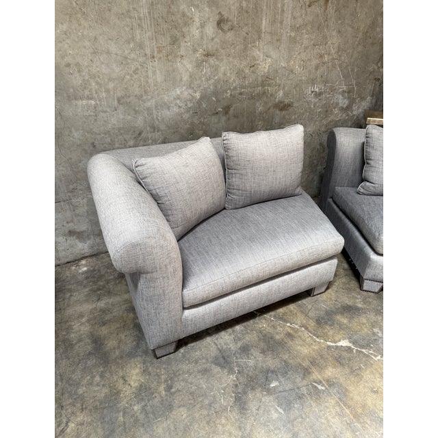 Custom Slate Upholstered Wedge Sectional Down Filling Nailhead Trim For Sale - Image 14 of 18