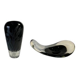 Carl Erickson Biomorphic Art Glass Bowl and Floral Black Sommerso Art Glass Vase Set of 2 For Sale
