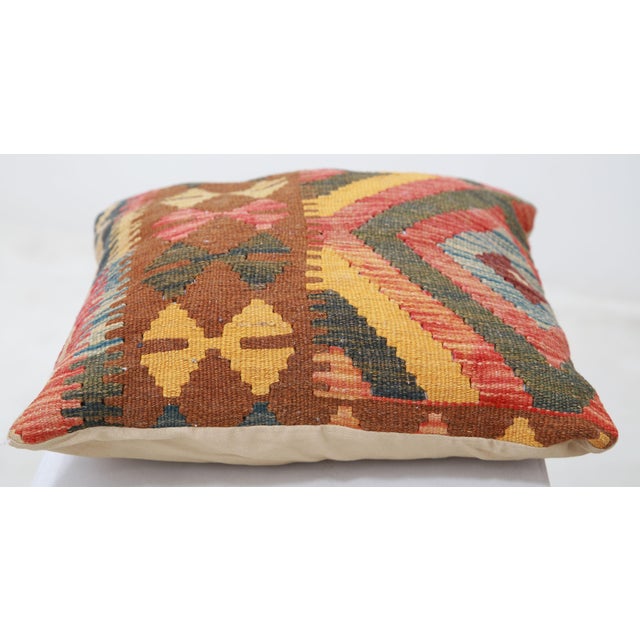 Tribal Arteverk Handwoven Afghan Kilim Pillow — Red & Green Diamonds For Sale - Image 3 of 3
